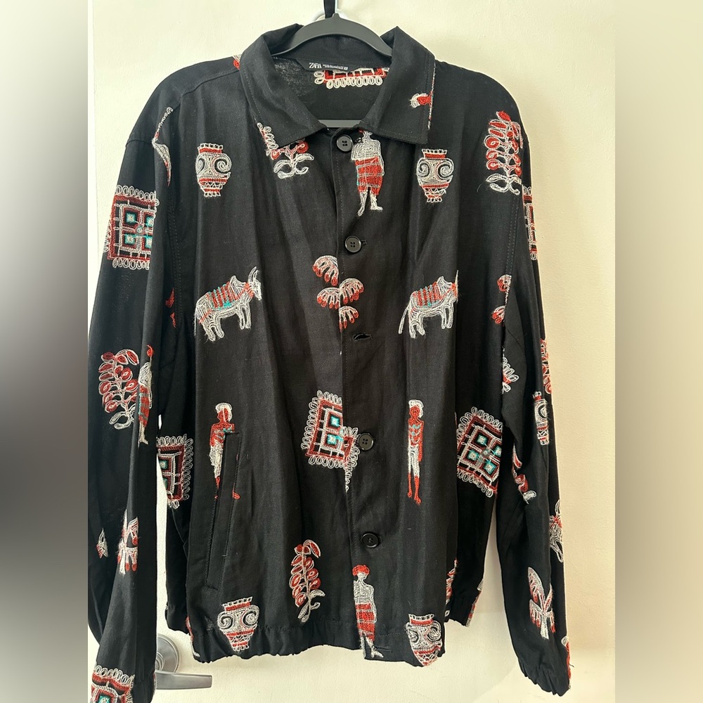 Zara Black Top with Red and Cream Detailing